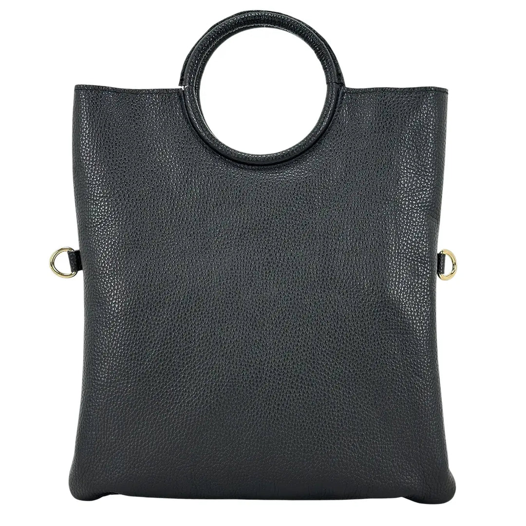 Bassini Borsa Donna in Pelle Nero Sfoderata con Maniglia ad Anello e Pochette Interna