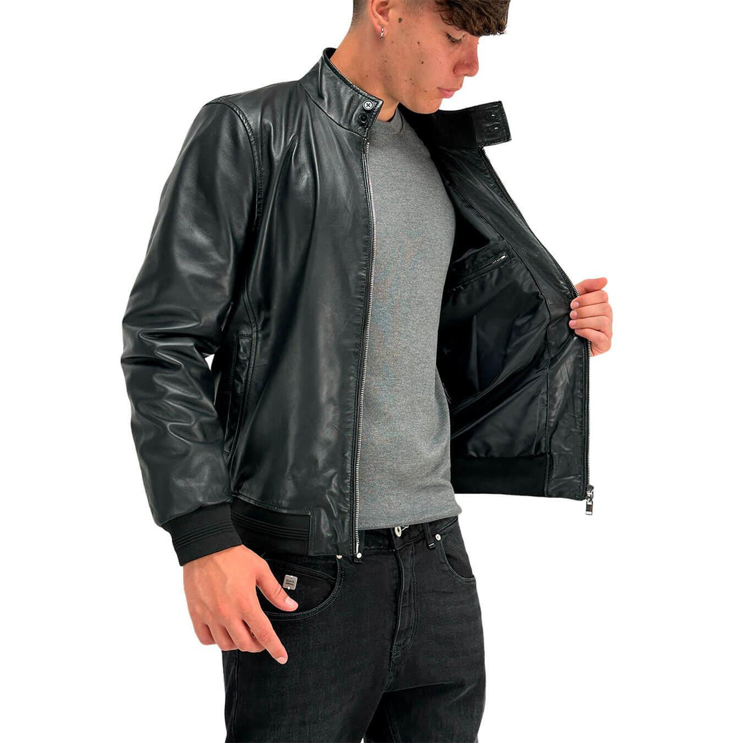 MarKup Men's Jacket, Bomber Jacket, Genuine Leather, Regular, Black