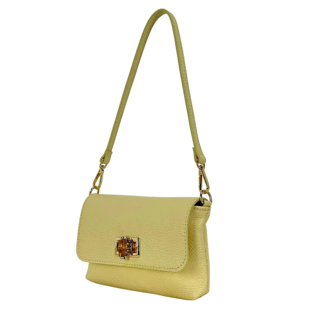 Bassini Borsa Donna Mini in Pelle Gialla con Pattina Chiusura Girello Bambù e Tracolla Rimovibile