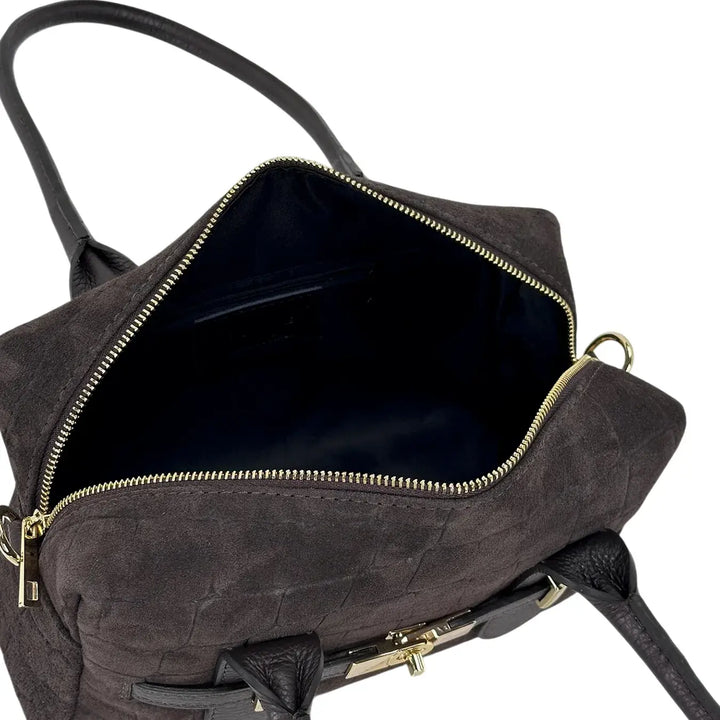 Bassini Borsa Donna a Bauletto in Pelle Scamosciata Cioccolato Stampa Cocco con Manici e Tracolla Rimovibile
