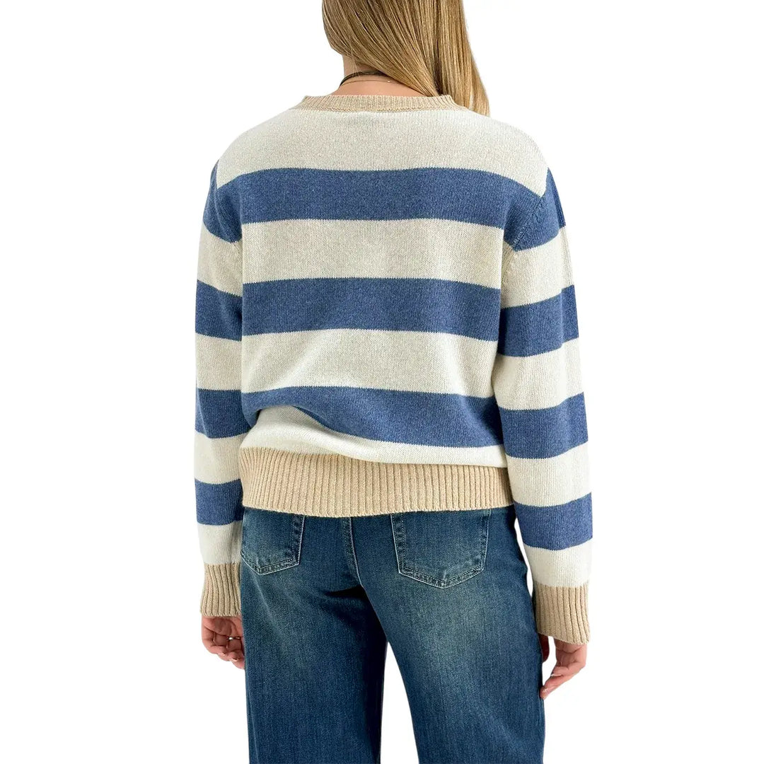 Bassini Maglia Donna Jeans e Avorio a Righe Girocollo con Coste Cammello e Vestibilità Regolare