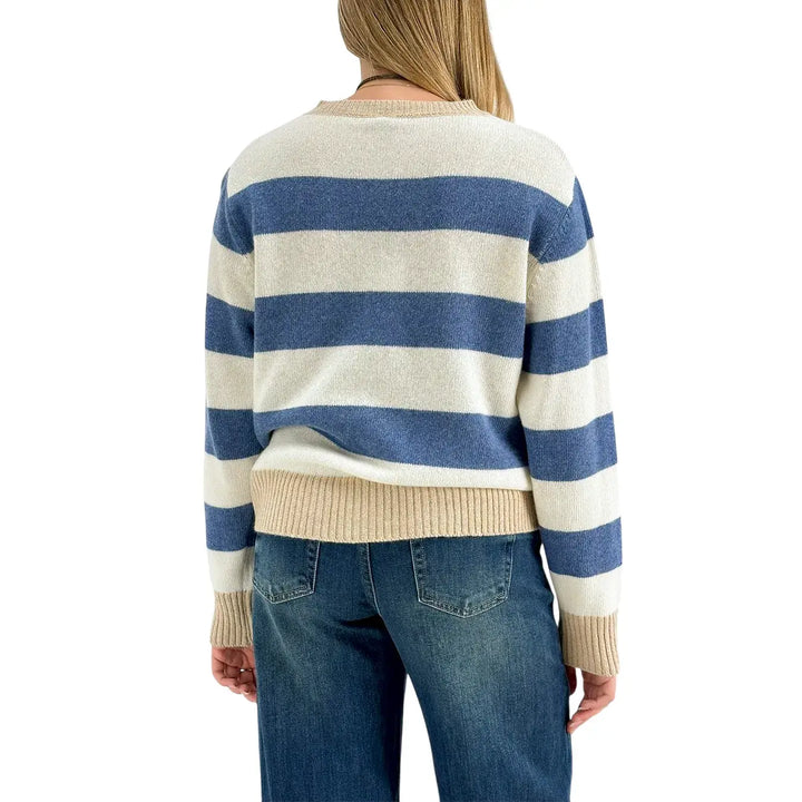 Bassini Maglia Donna Jeans e Avorio a Righe Girocollo con Coste Cammello e Vestibilità Regolare