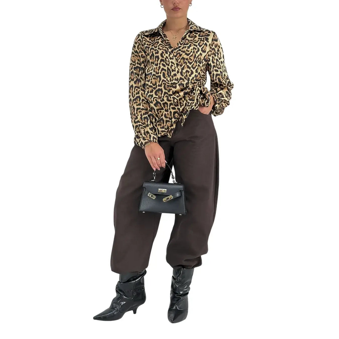 Bassini Pantaloni Donna Banana Cioccolato in Bull di Cotone Oversize a Cinque Tasche