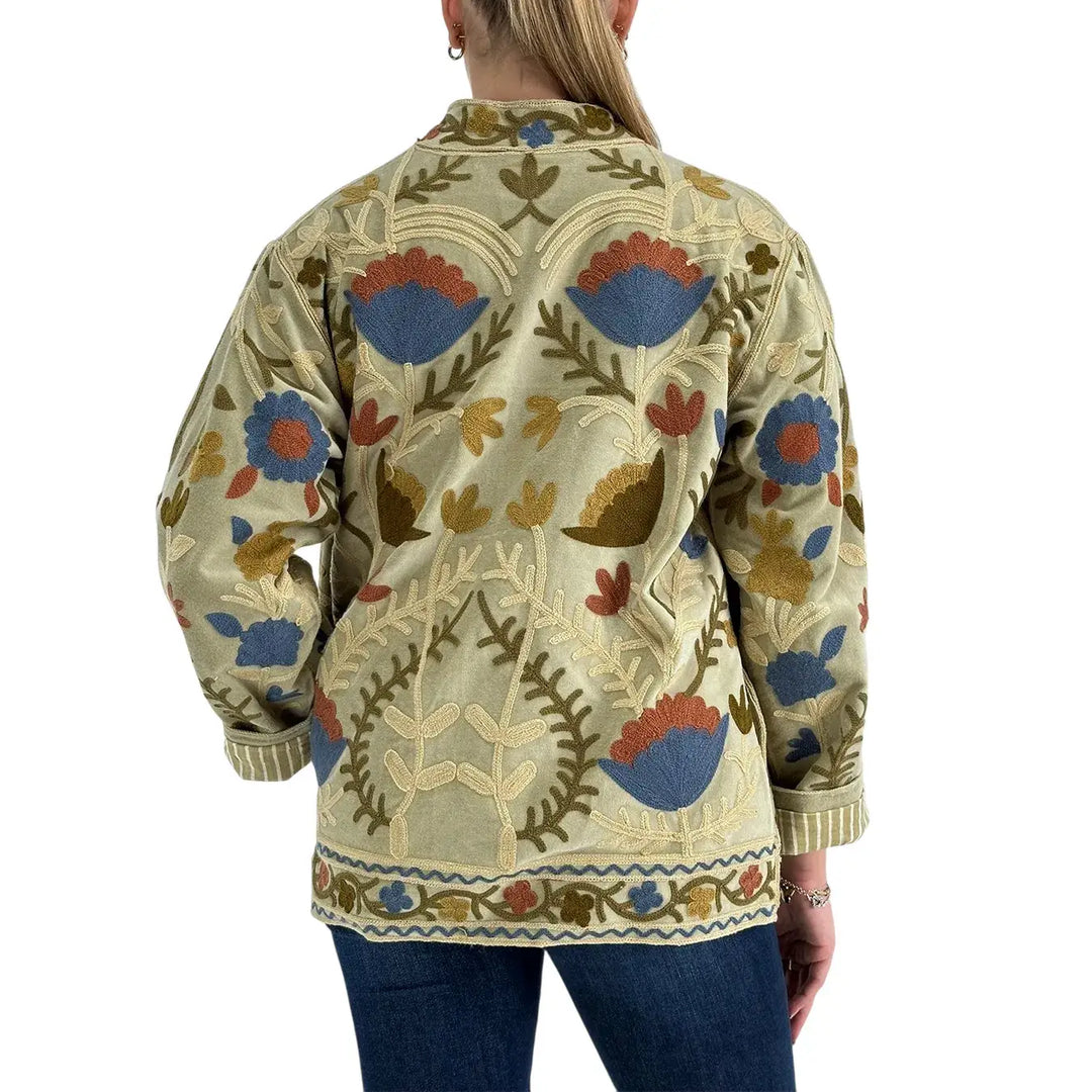 Bassini Giacca Donna Modello Suzani Verde in Velluto con Ricami Floreali Blu