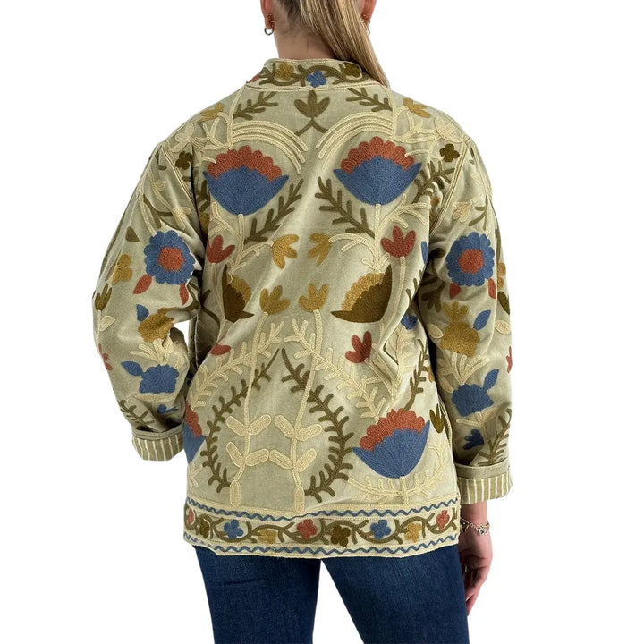 Bassini Giacca Donna Modello Suzani Verde in Velluto con Ricami Floreali Blu
