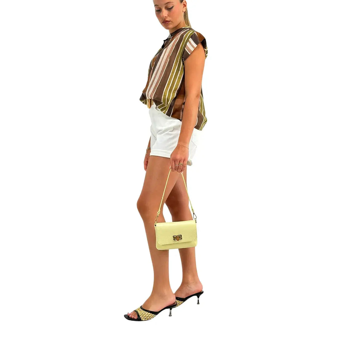 Bassini Blusa Donna Rigata Marrone e Verde con Nodo sul Davanti, Scollo Coreano e Smanicata