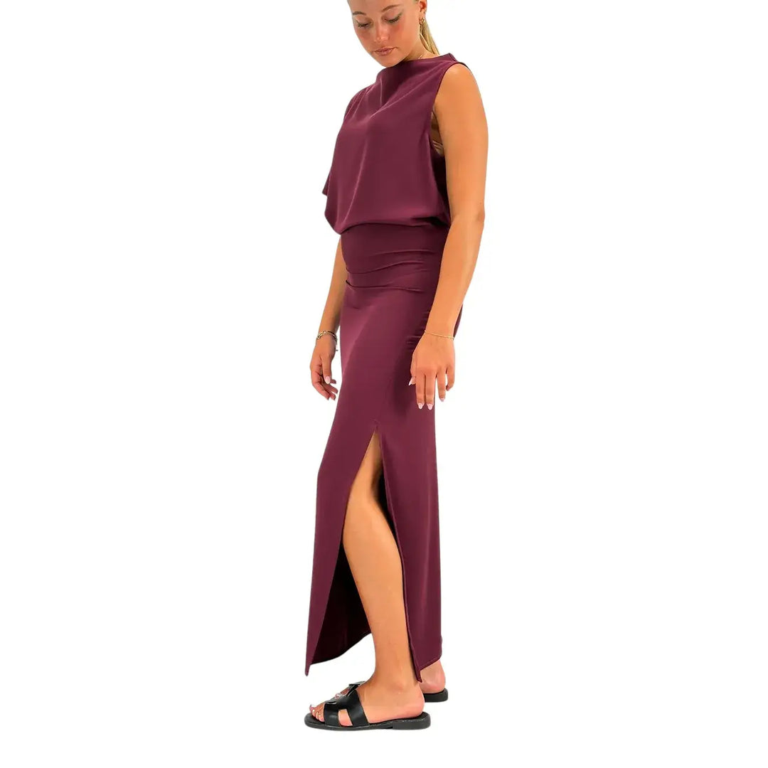 Kontatto Abito Donna Burgundy Lungo Monospalla con Spacco Laterale