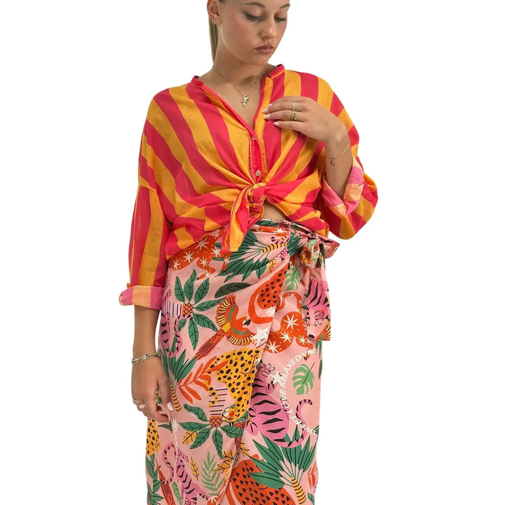 Motel Camicia Donna Arancio e Fucsia a Righe con Nodo Frontale, Collo Coreano e Maniche Tre Quarti
