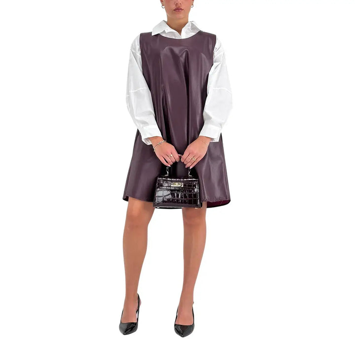 Bassini Abito Donna in Ecopelle Vino Smanicato Oversize a Trapezio con Scollo a Barca e Tasche Laterali