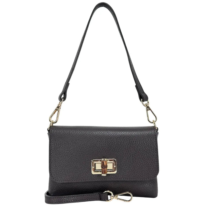 Bassini Borsa Donna Mini in Pelle Cioccolato con Pattina Girello Bambù e Tracolle Rimovibili