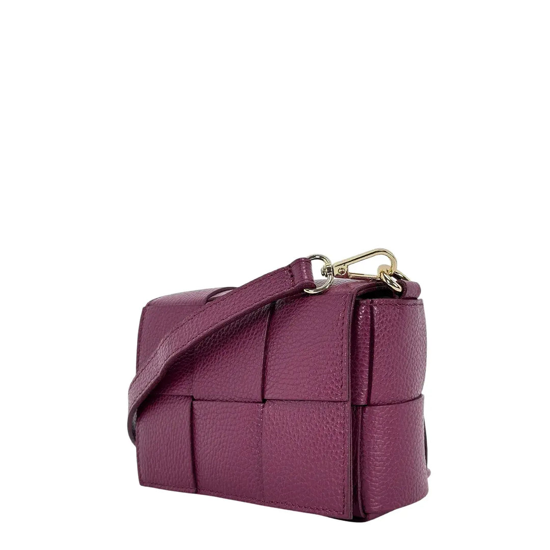 Bassini Borsa Donna Piccola in Pelle Burgundi Intrecciata con Tracolla Rimovibile e Patta Magnetica