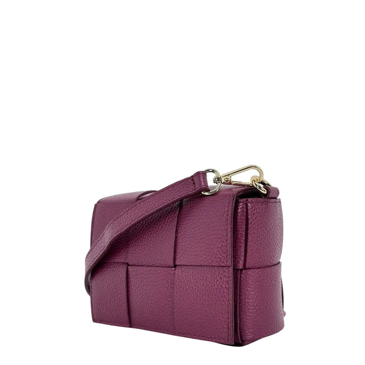 Bassini Borsa Donna Piccola in Pelle Burgundi Intrecciata con Tracolla Rimovibile e Patta Magnetica