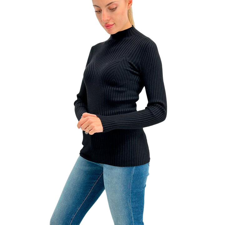 Kontatto Women's Sweater, Turtleneck, Fine Ribs, Mixed Fabric, Black