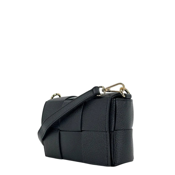 Bassini Borsa Donna Piccola in Pelle Nera Intrecciata con Tracolla Rimovibile e Patta Magnetica