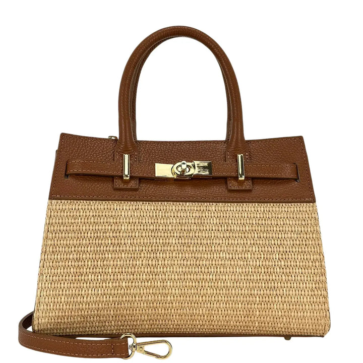 Bassini Borsa Donna in Raffia e Pelle Cognac con Due Manici Tracolla Rimovibile e Girello
