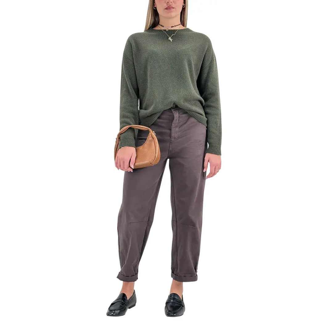 Bassini Maglia Donna Bosco Girocollo Oversize con Maniche Raglan e Orlo a Costine