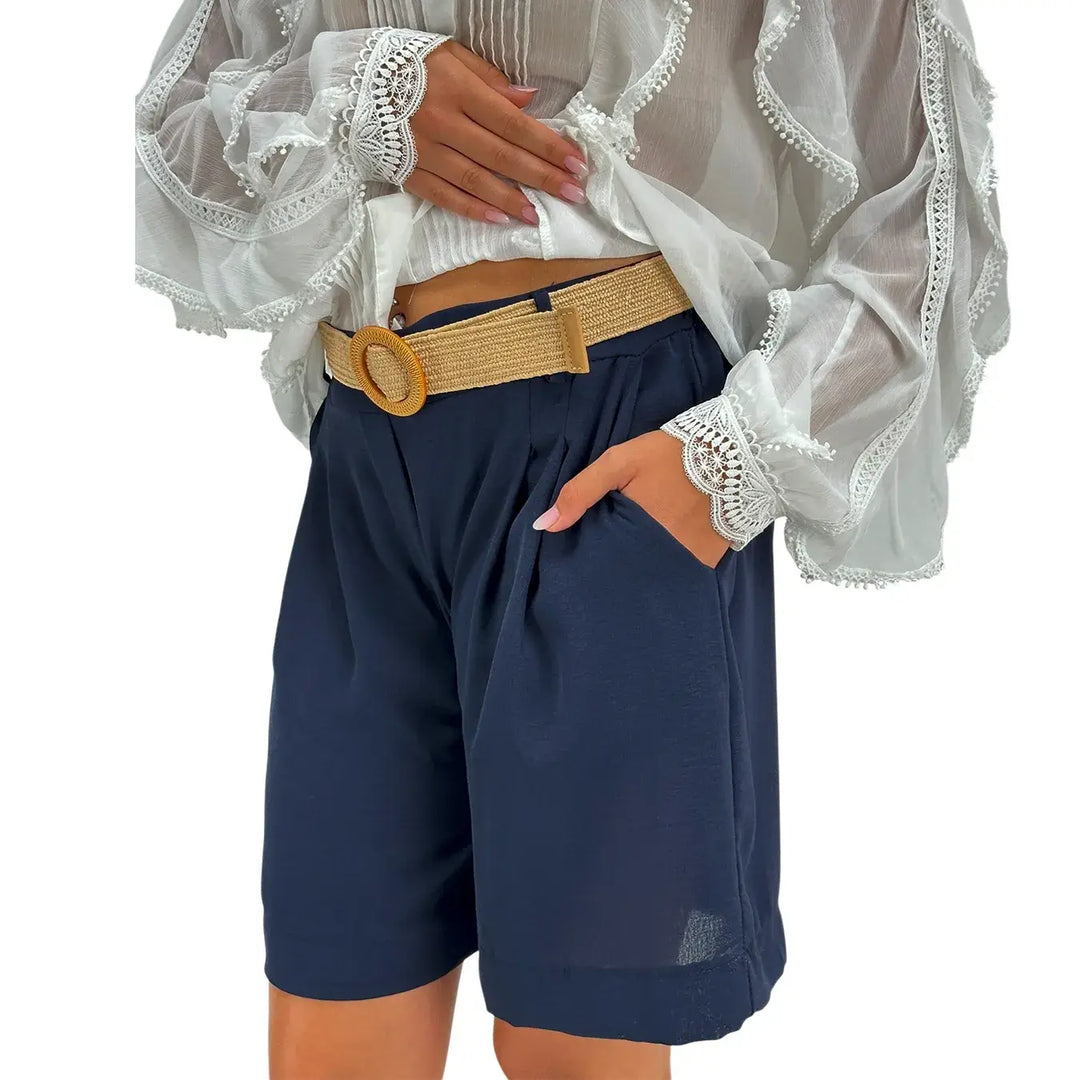 Bassini Bermuda Donna Blu in Lino e Cotone con Cintura in Rafia