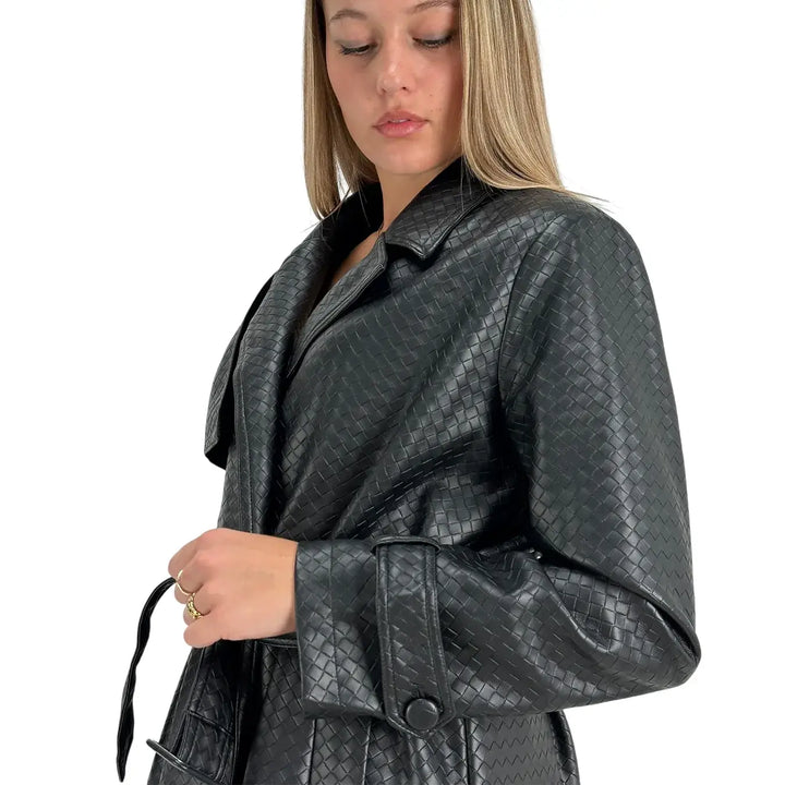 Bassini Trench Donna Nero in Ecopelle Effetto Intreccio Doppiopetto con Cintura da Annodare