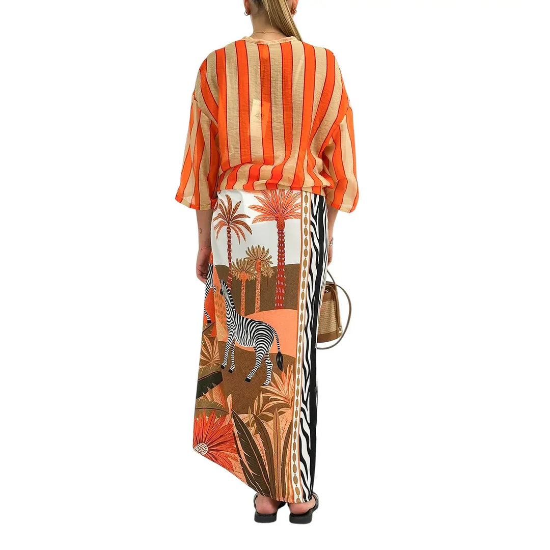 Bassini Camicia Donna Arancio a Righe con Nodo Frontale, Collo Coreano e Maniche Corte
