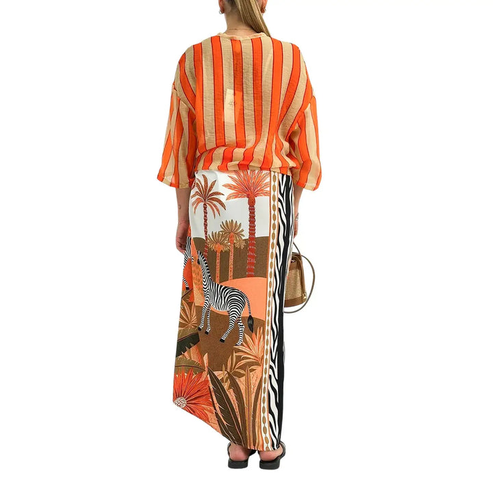 Bassini Camicia Donna Arancio a Righe con Nodo Frontale, Collo Coreano e Maniche Corte