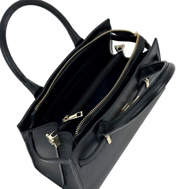 Bassini Borsa Donna in Pelle Nera con Doppi Manici, Tracolla Rimovibile e Chiusura con Zip