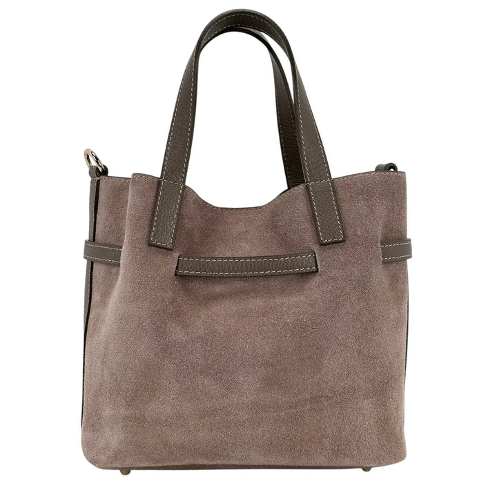 Bassini Borsa Donna Secchiello in Pelle Scamosciata Taupe con Doppi Manici e Tracolla Rimovibile