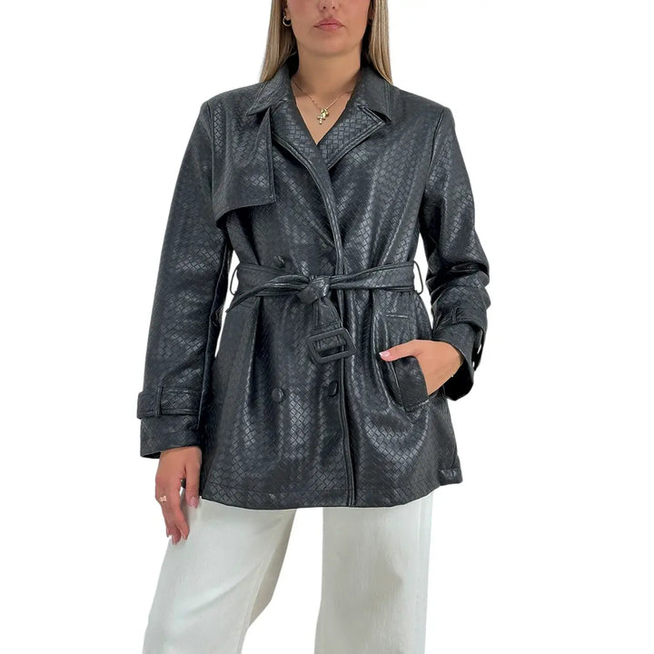 Bassini Trench Donna Nero in Ecopelle Effetto Intreccio Doppiopetto con Cintura da Annodare
