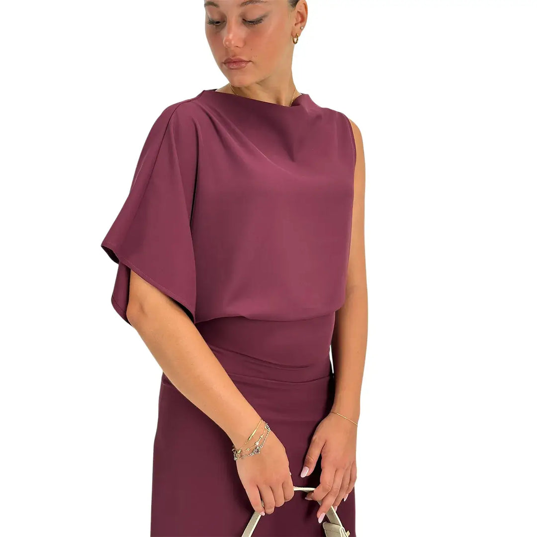 Kontatto Abito Donna Burgundy Lungo Monospalla con Spacco Laterale