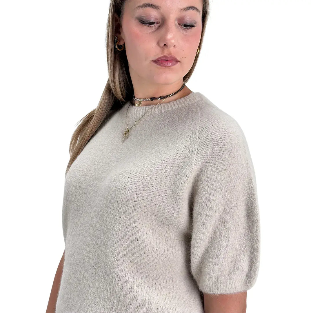 Bassini Maglia Donna Cipria Chiaro Girocollo Oversize con Maniche Corte Raglan e Orlo a Costine