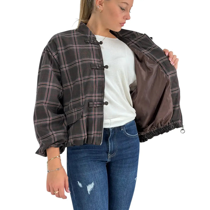 Bassini Bomber Donna Fumo Check con Zip in Metallo, Alamari e Polsini Elasticizzati