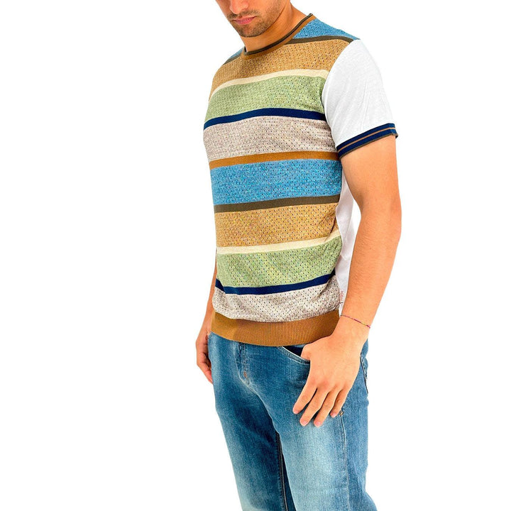 Bob Benny Men's Shirt, T-Shirt, Round Neck, Stripes, Cotton and Linen, Multicolour