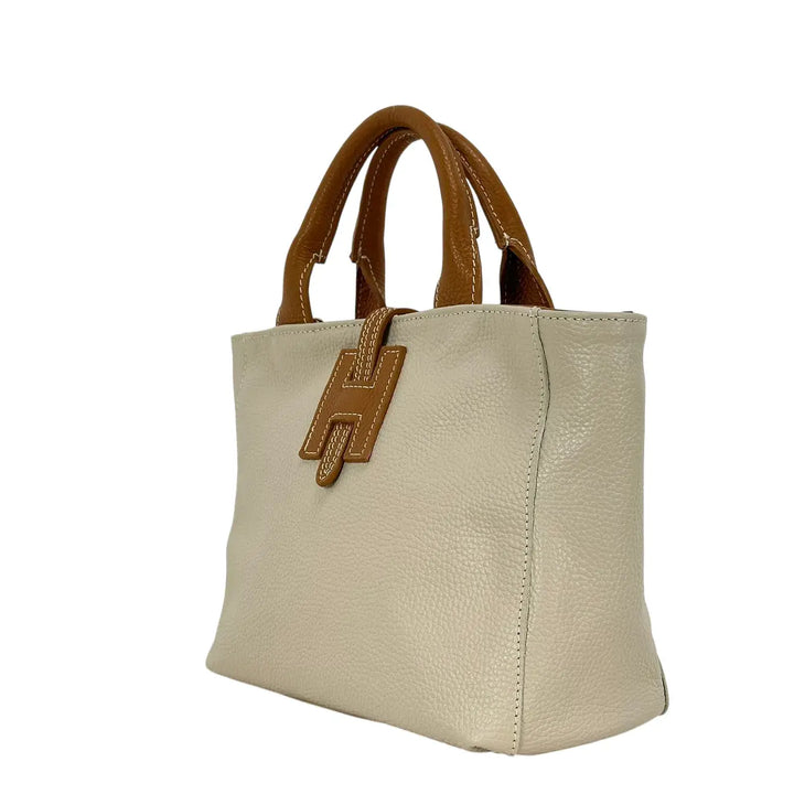 Bassini Borsa Donna in Pelle Avorio e Cognac con Due Manici Tracolla Rimovibile e Chiusura H Magnetica