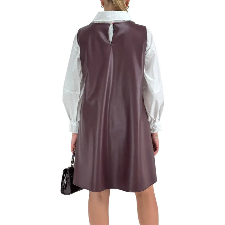 Bassini Abito Donna in Ecopelle Vino Smanicato Oversize a Trapezio con Scollo a Barca e Tasche Laterali
