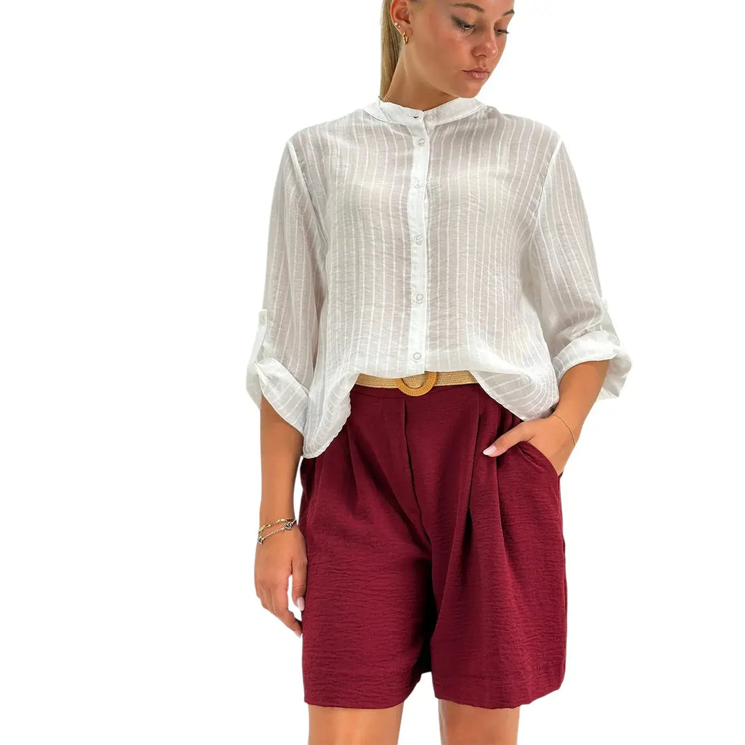 Bassini Camicia Donna Bianca Micro Gessata con Maniche 3/4 Collo alla Coreana e Linguetta Abbottonata