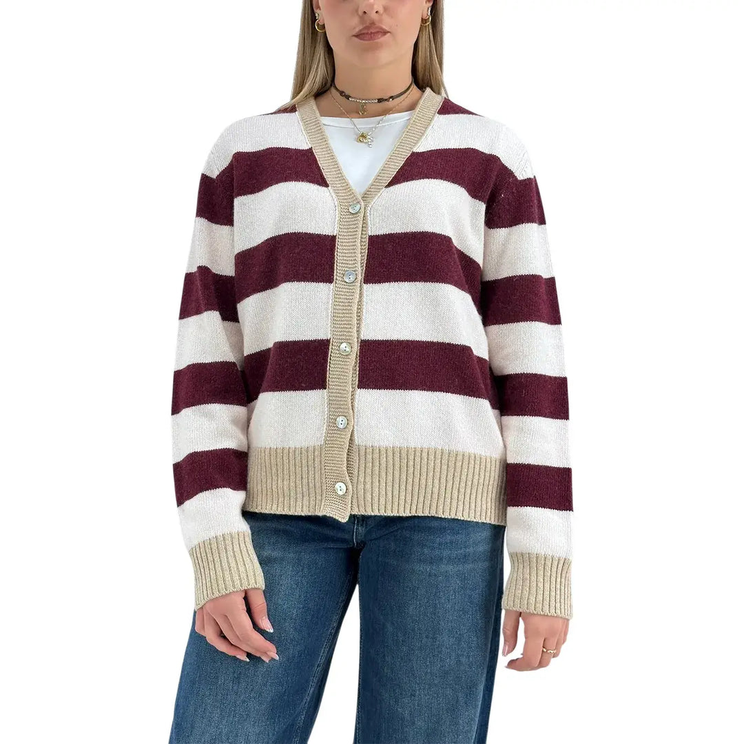 Bassini Cardigan Donna Borgogna e Cipria a Righe con Cinque Bottoni e Coste Cammello
