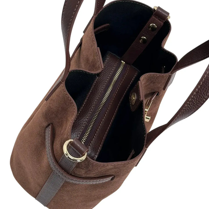 Bassini Borsa Donna Secchiello in Pelle Scamosciata Castagna con Doppi Manici e Tracolla Rimovibile