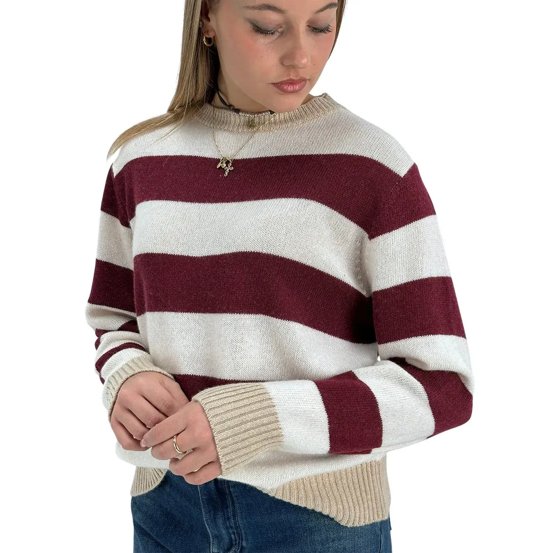 Bassini Maglia Donna Borgogna a Righe Cipria Girocollo con Coste Cammello e Vestibilità Regolare