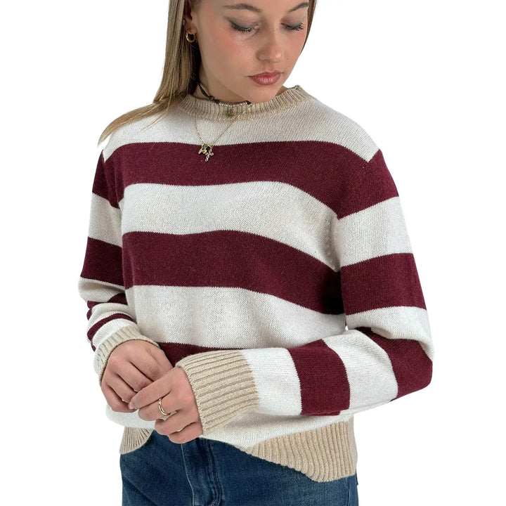 Bassini Maglia Donna Borgogna a Righe Cipria Girocollo con Coste Cammello e Vestibilità Regolare
