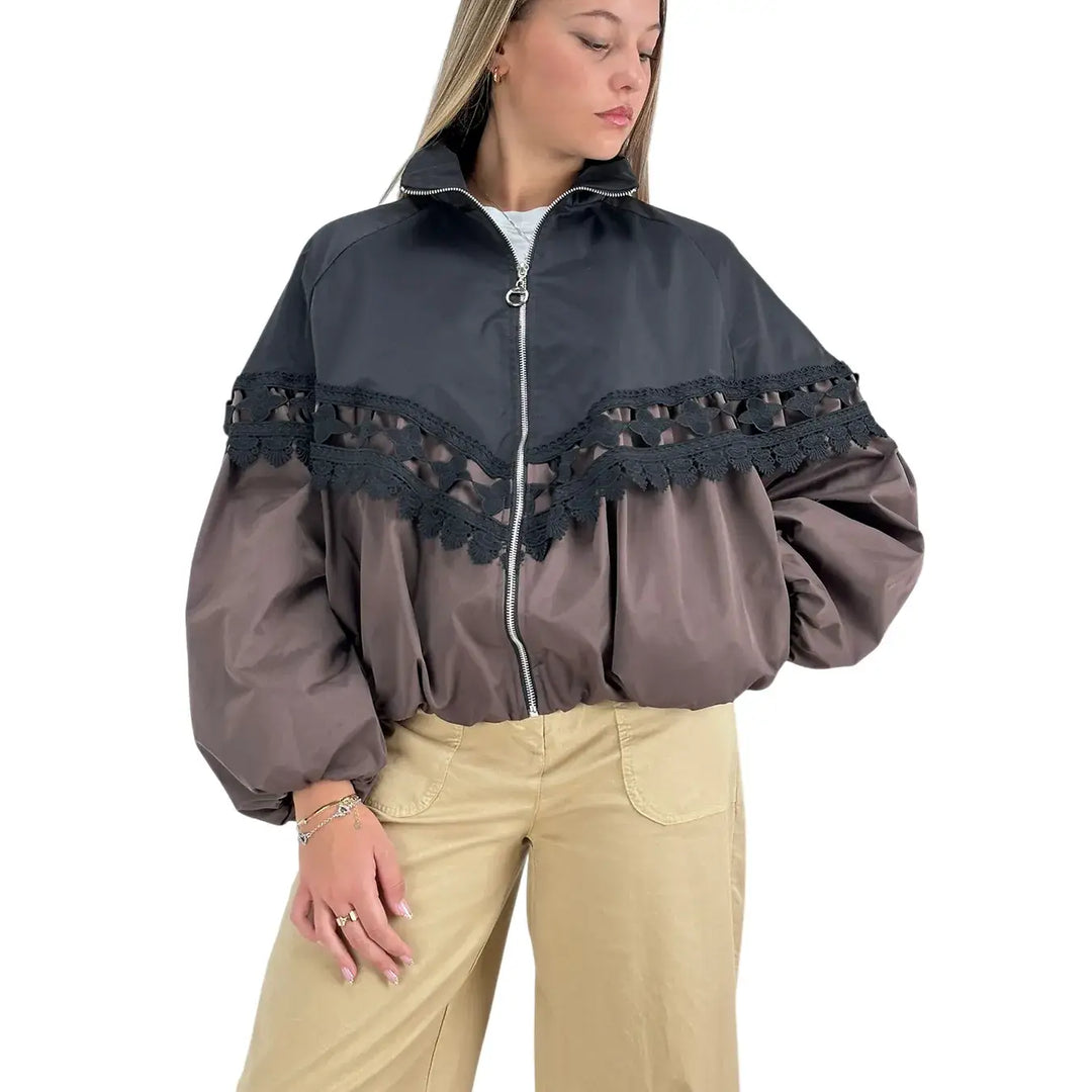 Bassini Bomber Donna Cioccolato Oversize con Inserti in Pizzo Nero e Polsini a Sbuffo