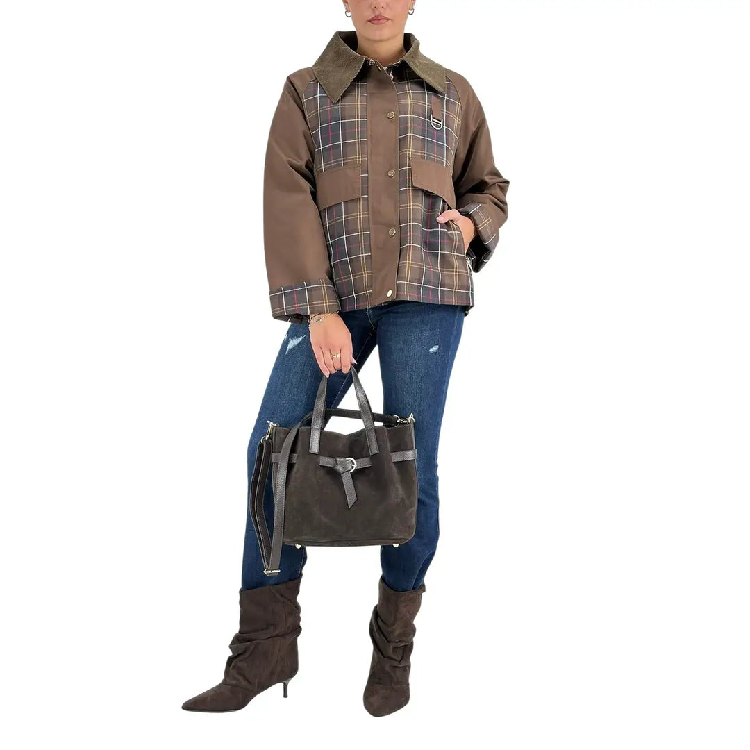 Bassini Giacca Donna Marrone Check con Collo in Velluto Oliva e Tasche con Zip