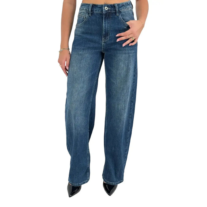 Bassini Jeans Donna Blu Scuro Oversize in Denim Elasticizzato Morbido