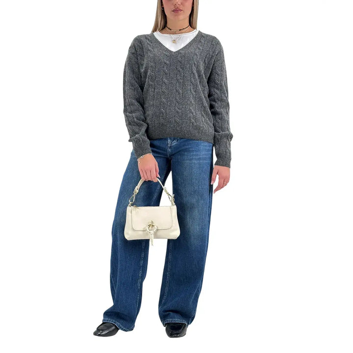 Bassini Maglia Donna Grigio Melange a Treccia con Scollo a V e Maniche Raglan Oversize
