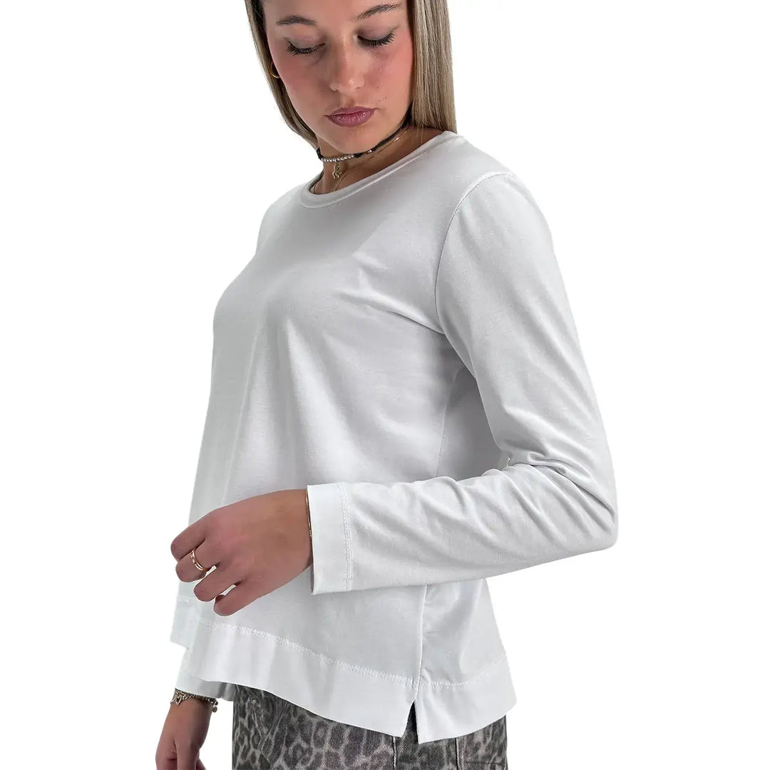 Bassini T-Shirt Donna Bianca a Maniche Lunghe con Girocollo e Spacchetti Laterali