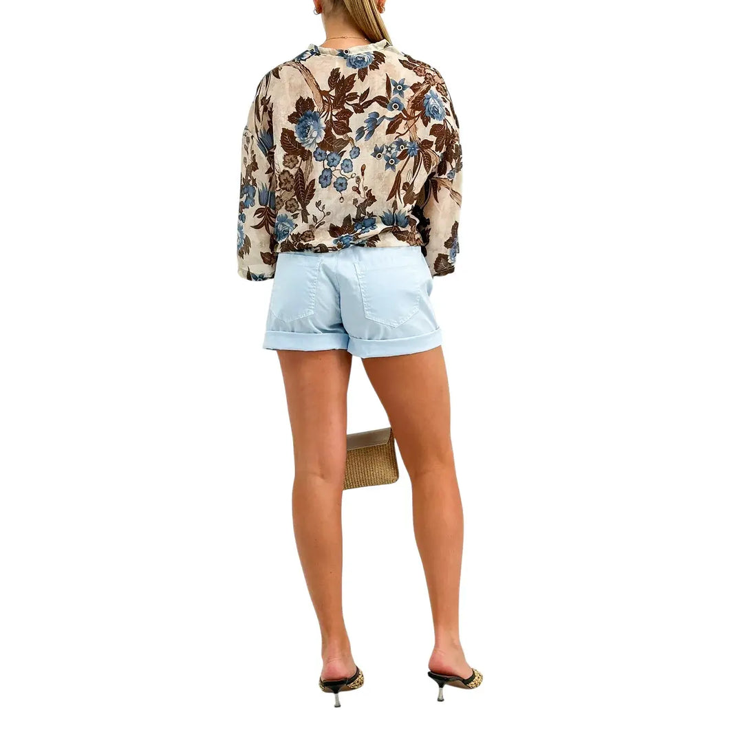 Bassini Camicia Donna Marrone con Fantasia Floreale Annodata, Collo Coreano e Maniche Tre Quarti
