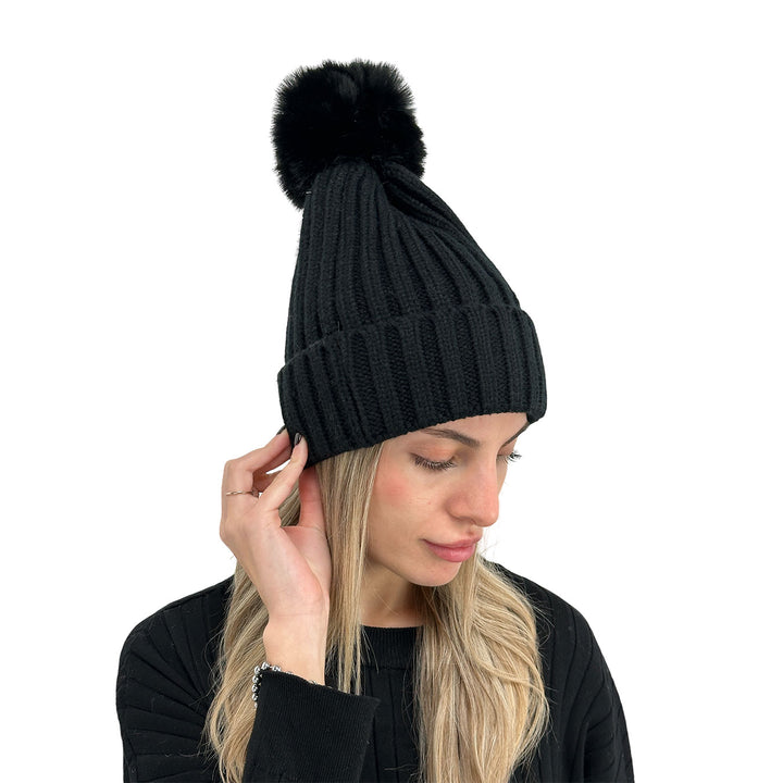 Bassini Cappello Donna, Cuffia, Pompon, Tricot, Nero