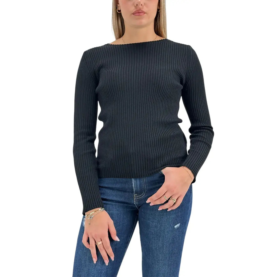 Bassini Maglia Donna Nera a Coste con Girocollo e Maniche Lunghe