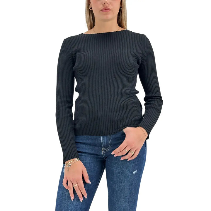 Bassini Maglia Donna Nera a Coste con Girocollo e Maniche Lunghe