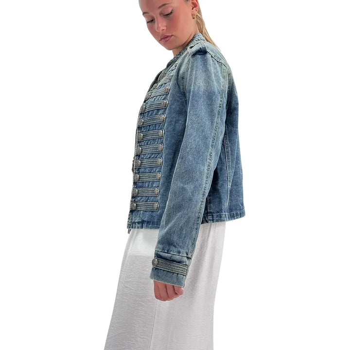 Bassini Giubbotto Donna Blu Medio in Denim Washed Stile Napoleone