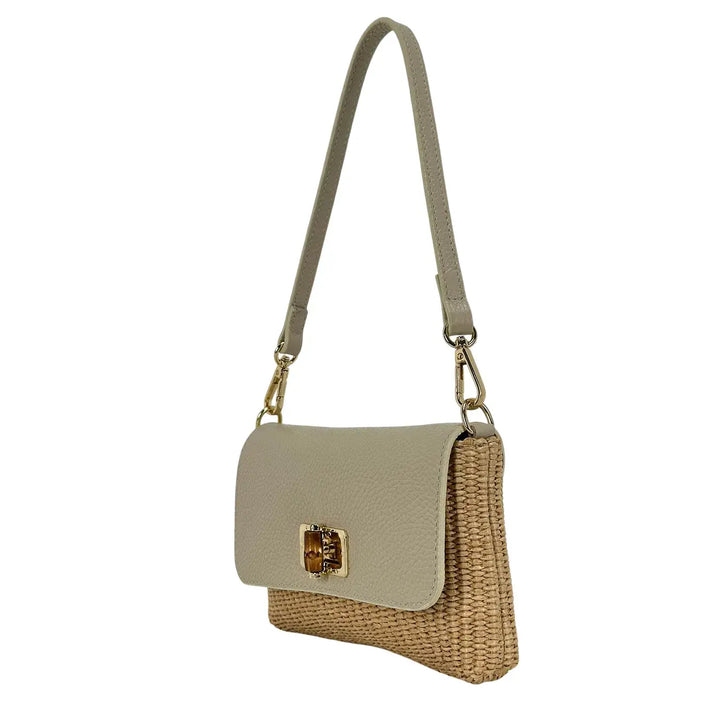 Bassini Borsa Donna in Raffia e Pelle Avorio Piccola con Tracolla Rimovibile e Girello Bambù