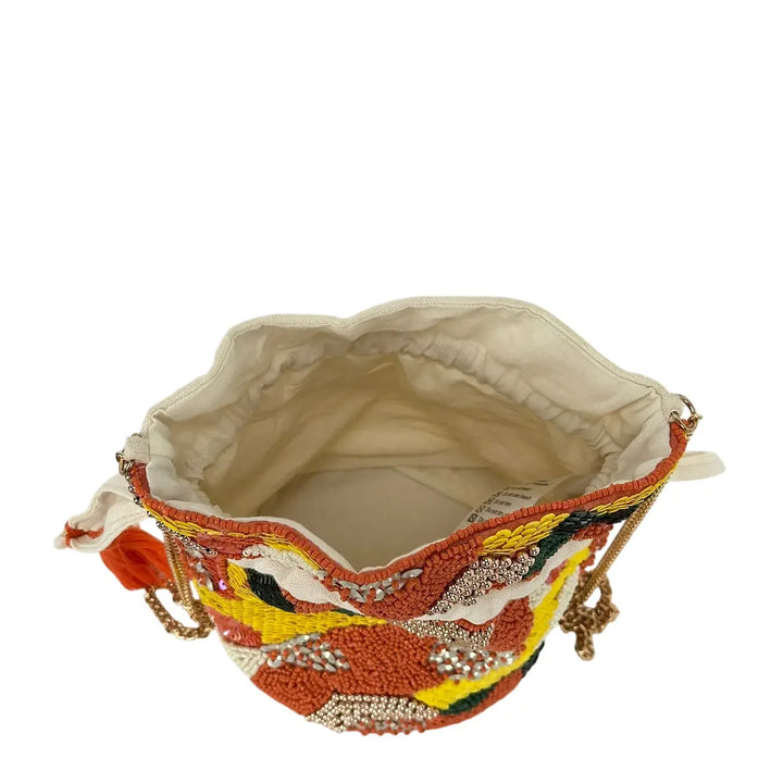 Bassini Borsa Donna Mini Secchiello in Cordura con Perline Corallo e Tracolla a Catena Oro